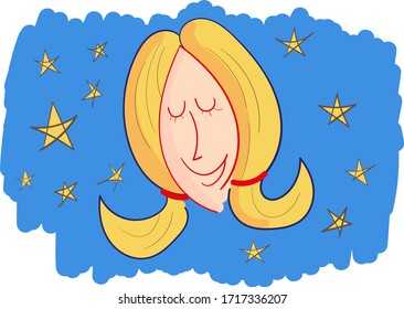 Color vector illustration of a young girl or woman dreaming at night with a sky full of stars