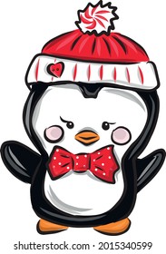 Color vector illustration:Cute penguin in a hat