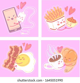 Color vector illustration.Flat cute characters on a pink background.Set of stickers with loving couples that are perfect for each other and cuddle.Couple in love together, valentine sketch for design