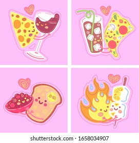 Color vector illustration.Flat cute characters on a pink background. Set of stickers with loving couples that are perfect for each other and cuddle.Couple in love together, valentine sketch for design