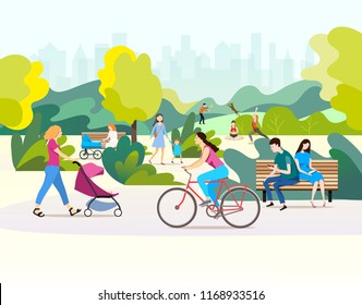  Color Vector Illustration.People  Talking And Walking In A Beautiful Urban Public Park.