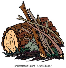 color vector illustration-prepared for lighting the fire "hunting", made of logs, firewood and moss
