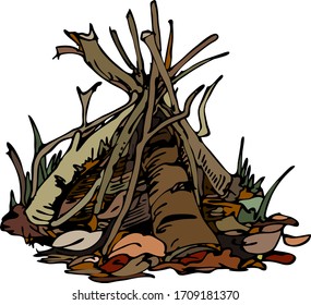 color vector illustration-prepared for lighting the fire "hut", made of logs and firewood
