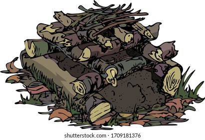 color vector illustration-prepared for lighting the fire "well", made of logs, firewood and moss
