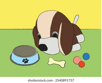 ilustração do vetor de cor de brinquedos, cão de pelúcia com osso, bolas e tigela