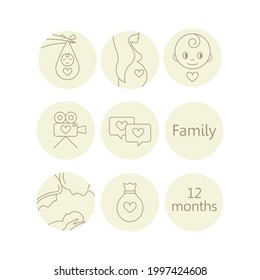 color vector image of 9 icons on the theme of the newborn photographer, can be used for social networks