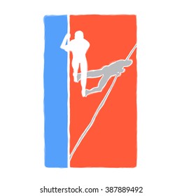 Color Vector Image Of An Athlete Pole Vaulter.red White And Blue Rectangle Silhouette Boys Athletes