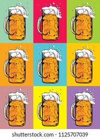 Color vector image of a beer mug. Drink with a lot of foam. Draught beer. Pop art  poster of beer mug