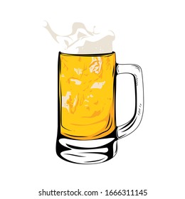 Color vector image of a beer mug. Drink with a lot of foam. Beer yellow 