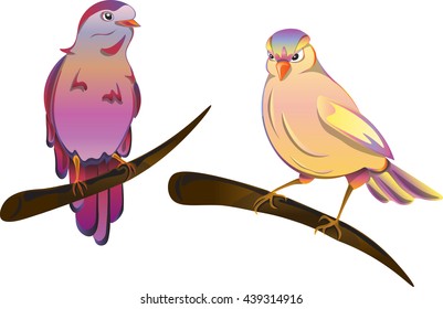 Color vector image of birds, bright flowers, gradient, colorful birds on a branch