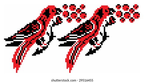 Color vector image of birds (parrot), plant, and berries using traditional Ukrainian embroidery elements. Can be used as pixel-art.