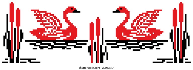 Color vector image of birds (swans) using traditional Ukrainian embroidery elements. Can be used as pixel-art.