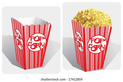 Color vector image of classic movie-theater popcorn box (full and empty).