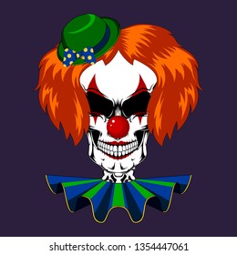 Color vector image of a clown skull in a hat and a jabot. An image of a female clown skull on a purple background.