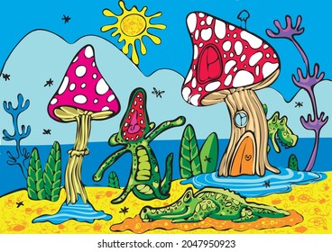 Color vector image of crocodiles and amanita mushrooms on the seashore and on the sand