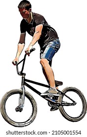 Imagen vectorial de color de un ciclista en BMX realizando escenas de riesgo extremas