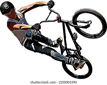 Color vector image of a cyclist on BMX performing extreme stunts