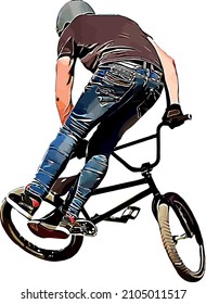 Imagen vectorial de color de un ciclista en BMX realizando escenas de riesgo extremas