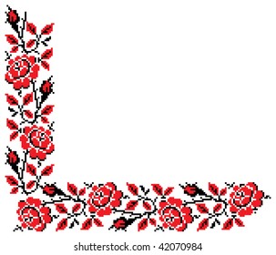 Color vector image of flowers (bud, roses) using traditional Ukrainian embroidery elements. Can be used as pixel-art.