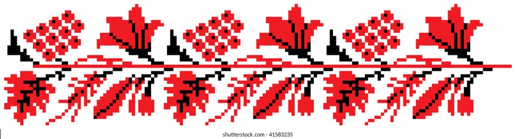 Color vector image of flowers and grape using traditional Ukrainian embroidery elements. Can be used as pixel-art.