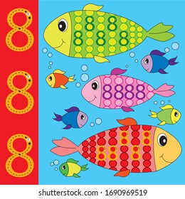 imagen vectorial de color de peces divertidos y números para niños