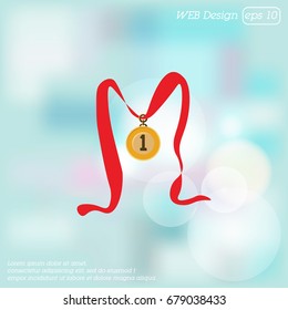 Color vector image. Gold medal on the red ribbon