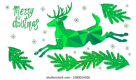 color vector image, isolated silhouette of one galloping forest deer on white background, snowflakes, tree branches and happy Christmas inscriptionect