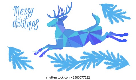 color vector image, isolated silhouette of one galloping forest deer on white background, snowflakes, tree branches and happy Christmas inscriptionect