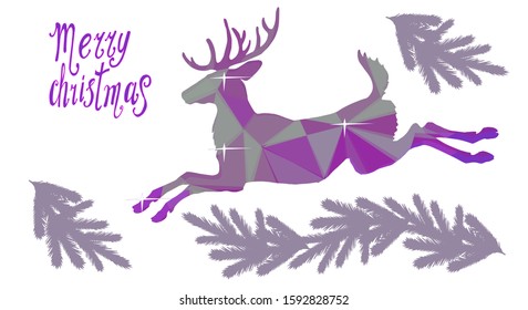 color vector image, isolated silhouette of one galloping forest deer on white background, snowflakes, tree branches and happy Christmas inscriptionect