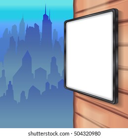 Color vector image mock up on the wall, on the street, on the background of the city skyline. mockup template blank advertising cliche , the panorama of the city.