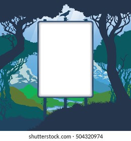 Color vector image mockup in a landscape of forest trees and mountains. mockup blank template cliche view of nature and the mountains. Forest crow silhouette.