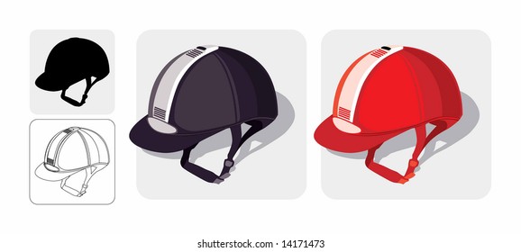 Color vector image of modern equestrian hats/helmets. Four views, two of them can used as symbols.