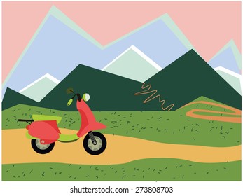 color vector image moped and mountains