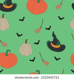 Color vector image, pattern of Halloween attributes: witch hat, broom, pumpkin and bat.