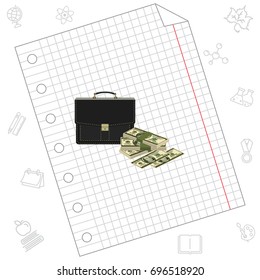 Color vector image. Portfolio and money. Briefcase and Cash. Case and dollars