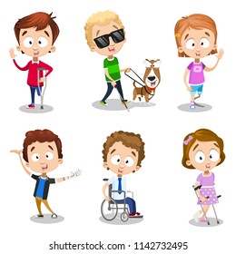 Color vector image of six happy children disabled. Four injured boys and two girls of same age with cheerful character and never dejected. Illustration of different characters on white background