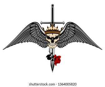 Color vector image of a skull in a crown, sword, wings, rose.