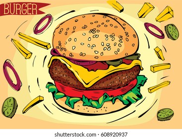 Color vector image of a tasty burger and an explosion of fresh vegetables around it.