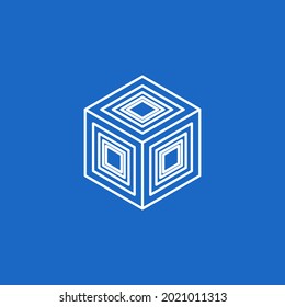 a color vector image that shows a cube of white lines on a blue background