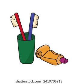Color vector image of toothbrushes and toothpaste. Image of hygiene items. Dentistry, oral health and hygiene concept. Morning and evening rituals for brushing your teeth.
