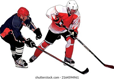 Color vector image of two hawkers from different teams fighting for the puck