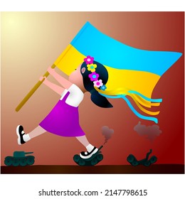 Color vector image Ukrainian girl tramples tanks