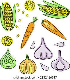 Imagen vectorial de color de las verduras. Maíz, zanahorias, cebolla, ajo. Diseño de menús, ilustraciones, pegatinas.
