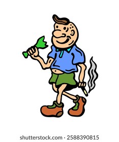 
Color vector image of a young brawler with a cigarette and a broken bottle on a white isolated background