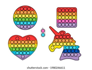 Color vector images of 5 toys. Circle, unicorn, square, heart, simple dimple. Silicone toy antistress pop it. New trend. Colorful anti stress silicone sensors toy.
