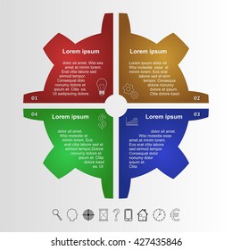 Color vector infographic design from color gear and icons bulb, charts, small gear drive and dollar with a description on a gray background with black icons sign euro, clock, human face, mobile