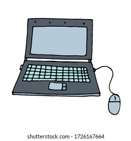 color vector isolated element in doodle style, laptop for work at home
