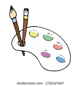 color vector isolated element in doodle style, paint palette with brushes
