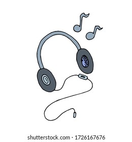 color vector isolated element in doodle style, headphones with music