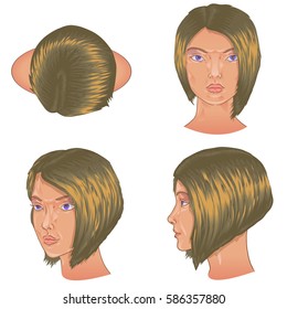 Color vector isolated set of image pattern for head hair and make-up animation. Anfas profile of a top view of a woman's face blank.